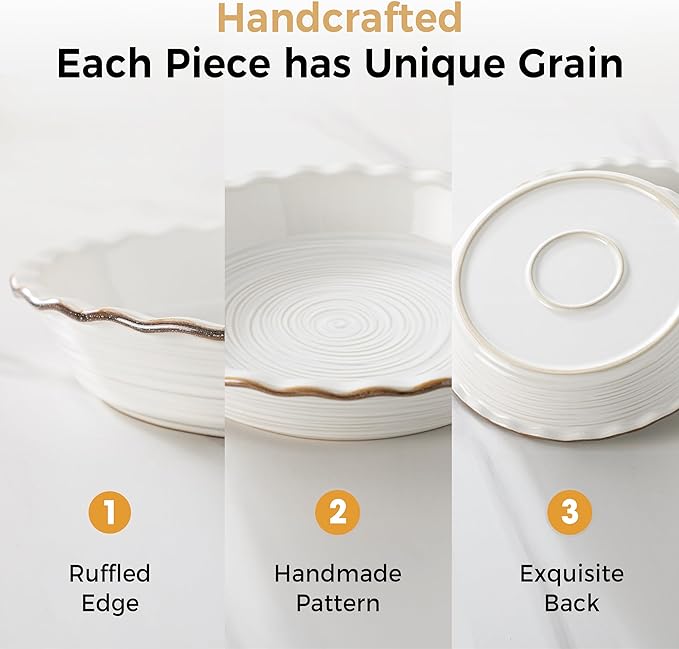 Frewinky Ceramic Pie Pan for Baking, 9 inch Pie Dish with Ruffled Edge, Nonstick Deep Pie Plate, Farmhouse Decor Quiche Tart Baking Dish for Thanksgiving, Microwave & Oven Safe, Set of 1