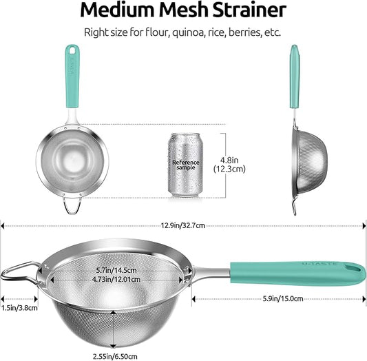 U-Taste Medium Fine Mesh Strainer: 18/8 Stainless Steel 4.73in 30 Mesh Kitchen Food Sieve with Sturdy Riveted Silicone Handle, Heavy Duty Deep Handheld Metal Colander for Rice, Quinoa, Flour(Aqua Sky)
