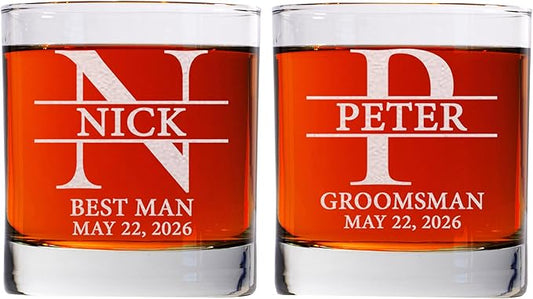 Set Of 2, Personalized Whiskey Glass For Groomsman Gifts, Best Man, Groom, 11oz Old Fashioned Custom Monogrammed Whiskey Glass