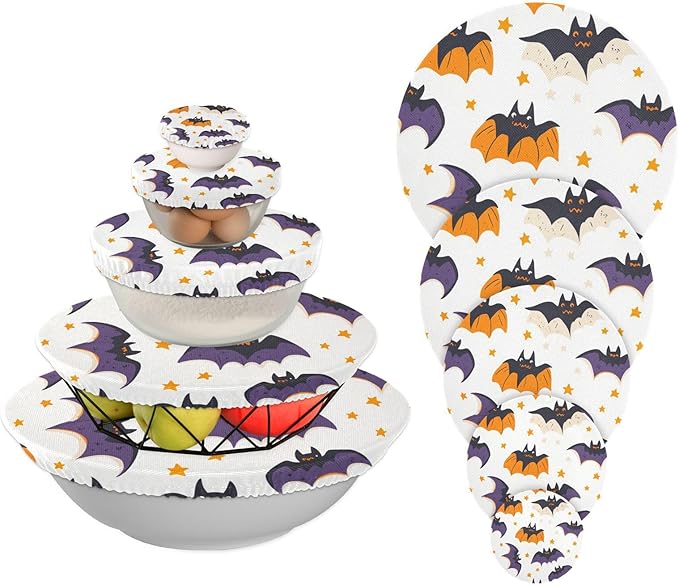 5 Pcs Bowl Covers Reusable in 5 Size Elastic Food Cover Cloth Lids Fresh Keeping Dish Cookware Bakeware Fabric Covers Lids for Food Leftovers Fruits Storage White Halloween Bats and Stars