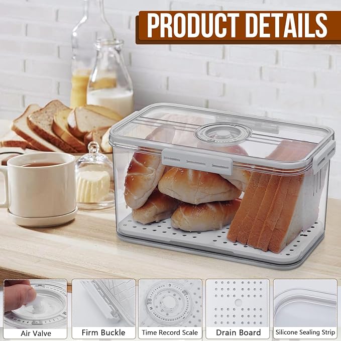 Bread Box Bread Boxes for Kitchen Counter Airtight, Time Recording Bread Storage Container with Lid, Bread Keeper for Homemade Bread, Toast, Bagel, Donut and Cookies, LARGE White
