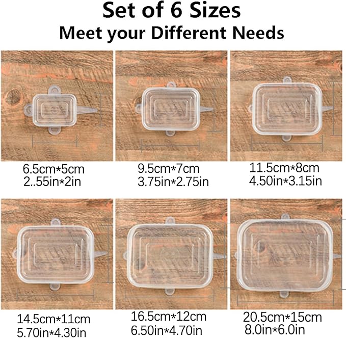 TopHomer 6 Packs Rectangular Silicone Stretch Lids Set of 6 Sizes Reusable Sturdy Container Cover, Keeping Food Fresh, Dishwasher and Freeze
