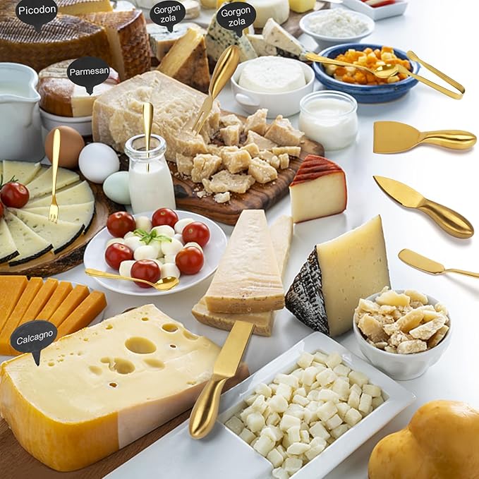 18 pieces Charcuterie Board Accessories, Gold Stainless Steel Cheese Knives, Butter Knife Spreader, Appetizer Forks, Mini Serving Tongs Spoons for Gathering Wedding Birthday...