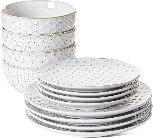 LE TAUCI Dinnerware Sets 12 PCS, Ceramic Plates and Bowls Set, Suit For Housewarming (10" Dinner Plate + 8" Salad Dish + 26 oz Cereal Bowl) x 4, Oven safe - Arctic White