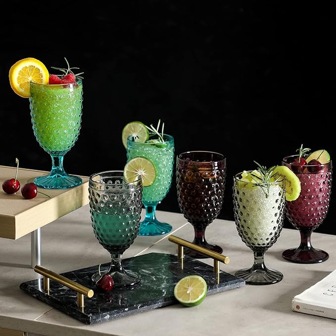 G Hobnail Iced Tea Beverage Goblets 13 oz. set of 6 Premiun Glass Set for Wine Soda Juice Water Perfect for Dinner Parties Bars Restaurants Everyday use (Multicolor, Goblet)