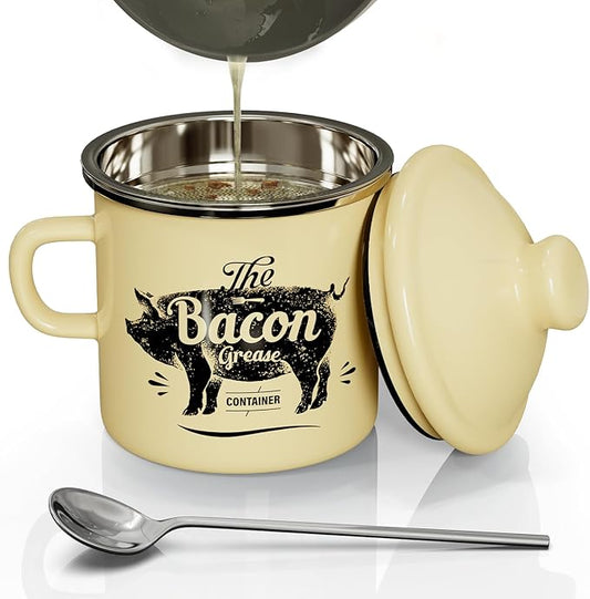 PGYARD Mini Bacon Grease Container With Strainer - 15OZ Enamel Grease Saver, Farmhouse Bacon Grease Keeper For Kitchen Fat Storage-Beige