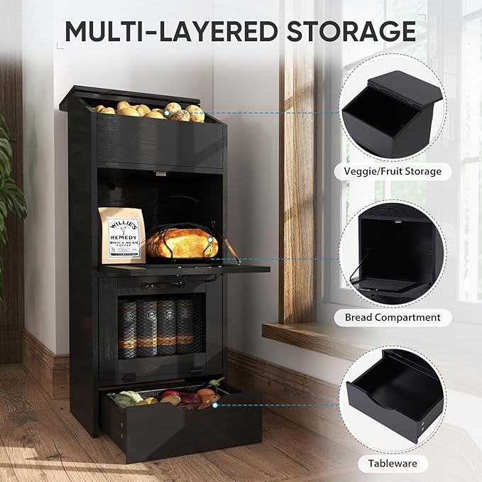 Verano Garden Potato Storage Bin, Wood Bread Box with Lid, Farmhouse Potato and Onion Storage Bin with Mesh Doors, Fruit and Vegetable Storage Rack with Removable Drawer (Black, 16.0")