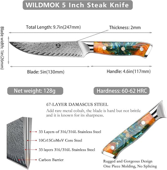 WILDMOK Steak Knives, 5 inch Non Serrated Steak Knife Set of 4, Japanese Damascus VG10 Steel Steak Knives,Premium Steak Knives Set with Gift Box