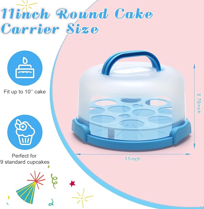 Coolrunner Cake Carrier with Lid and Handle 11inch Round Cake Carrier Portable Cake Stand Plastic Pie Carrier Cake Storage Container for Transport Cakes, Pies (Blue)
