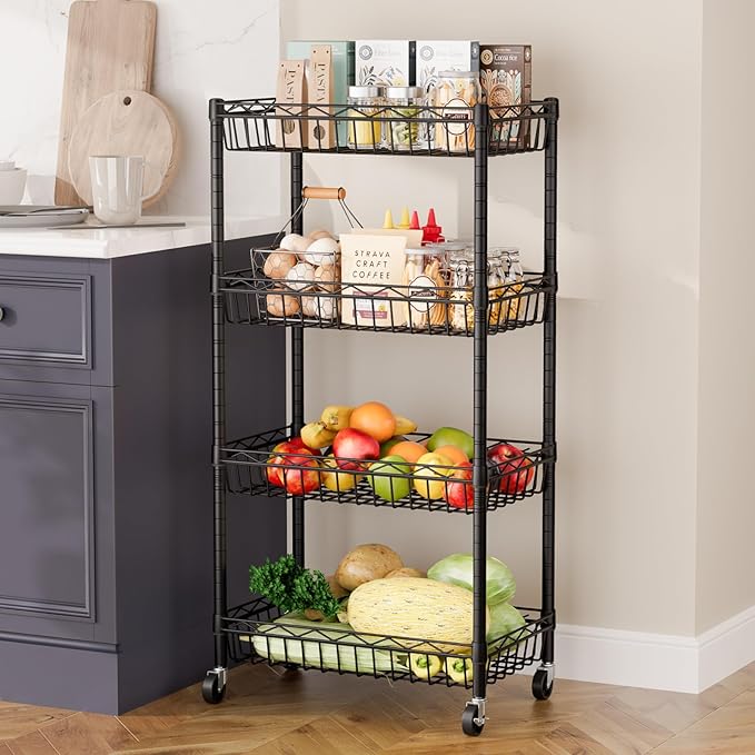 SINGAYE 4 Tier Basket Shelf Wire Shelving Unit Adjustable Storage Shelves Big Basket Rack for Garage Kitchen Office Pantry Corner 17" Dx12 Wx50 H Black