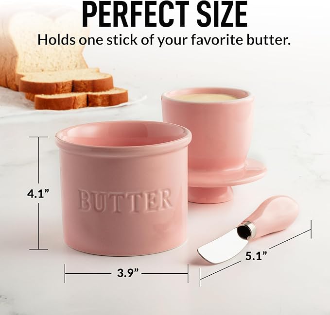 Zulay Kitchen Porcelain Butter Crock With Lid & Knife - Authentic French Butter Dish For Fresh & Spreadable Butter - Pink