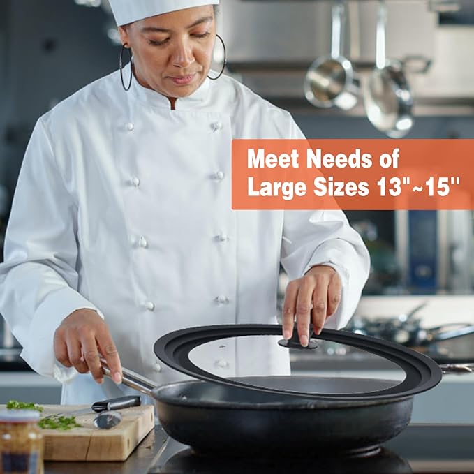 13-14-15 in Universal Lid for Oversized Pots, Pans and Skillets, Extra Large Pot Lid Tempered Glass Lid with Heat-Resistant Silicone Edge, Cookware Lids, Replacement Frying Pan Cover