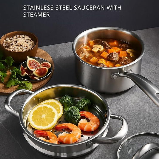2.5 Quart Stainless Steel Saucepan with Steamer Basket, 18/10 Tri-ply Full Body, Multipurpose Sauce Pot with glass Lid, Perfect For Boiling Gravies, Pasta, Noodles