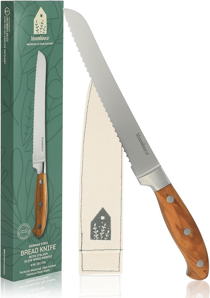 Bloomhouse 8 Inch German Steel Bread Knife W/Italian Olive Wood Forged Handle