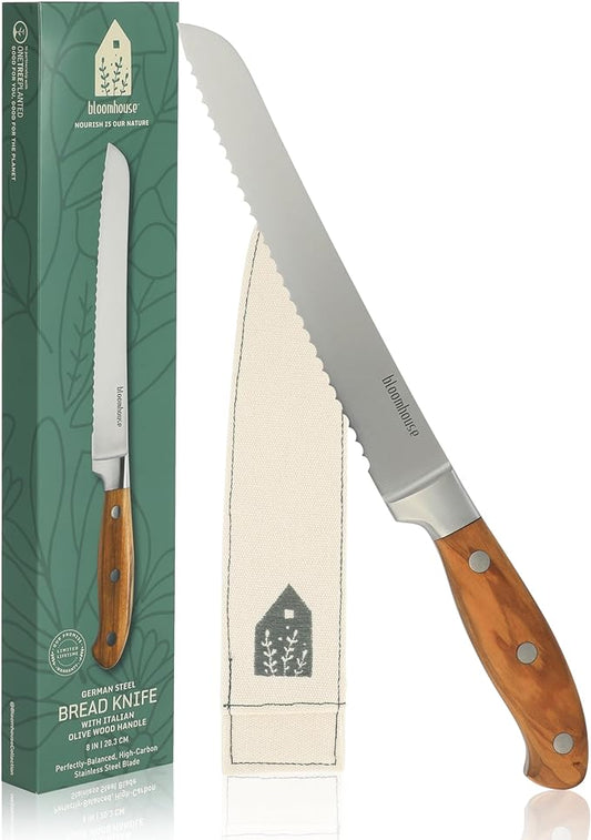 Bloomhouse 8 Inch German Steel Bread Knife W/Italian Olive Wood Forged Handle