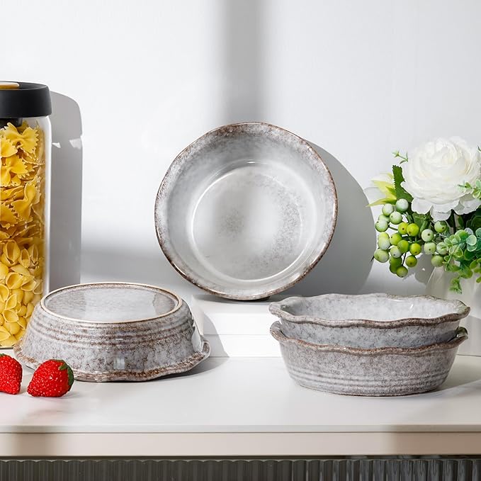 NUTRIUPS Small Pie Pans Set of 4, 6.5 Inch Ceramic Mini Pot Pie Baking Dishes, Oven Safe (6.5in, Grey, 4PCS)