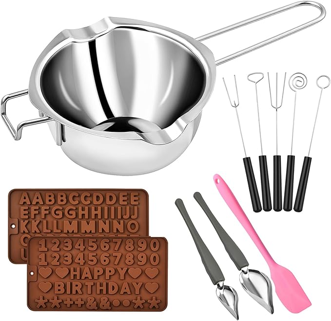 11 Pieces Chocolate Dipping Tool, Stainless Steel Double Boiler Pot Set, Dipping Fork Spoon, Decorating Spoons, Candy Making Supplies for Making Chocolate Cake Candy Dessert