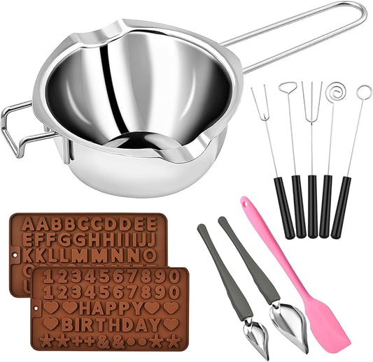 11 Pieces Chocolate Dipping Tool, Stainless Steel Double Boiler Pot Set, Dipping Fork Spoon, Decorating Spoons, Candy Making Supplies for Making Chocolate Cake Candy Dessert