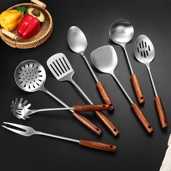 304 Stainless Steel Kitchen Utensils Set, 8 Pcs Long Cooking Utensils Set with Wooden Handle, Large Heat Resistant Kitchen Tools(Dishwasher Safe)