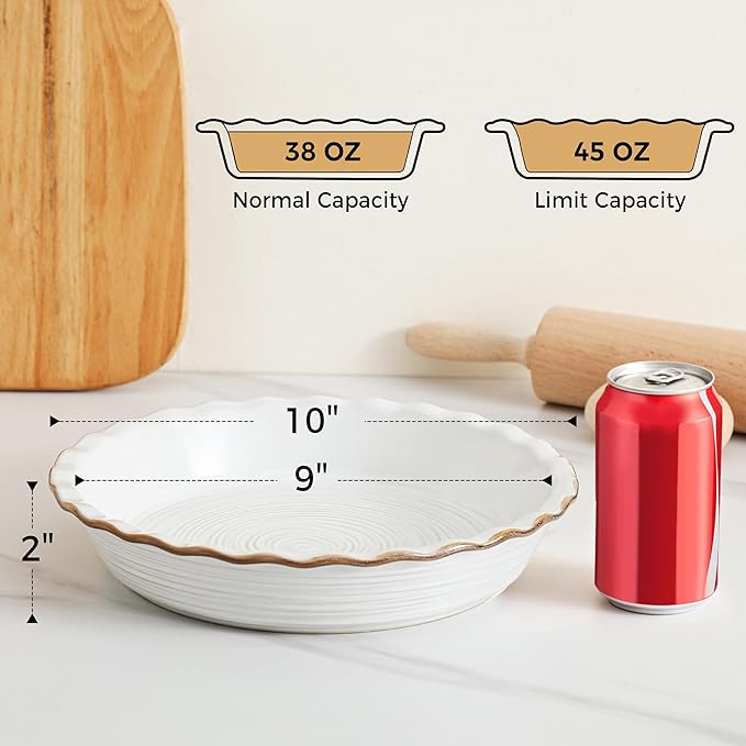 Frewinky Ceramic Pie Pan for Baking, 9 inch Pie Dish with Ruffled Edge, Nonstick Deep Pie Plate, Farmhouse Decor Quiche Tart Baking Dish for Thanksgiving, Microwave & Oven Safe, Set of 2