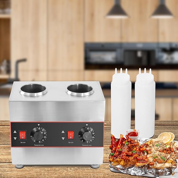 Electric Nacho Cheese Warmer Machine 2 Pot Commercial Hot Fudge Dispenser Stainless Steel Hot Chocolate Dispenser with 2 Sauce Squeeze Bottles for Cheese Caramel Jam Ketchup 320W (2 Pot)