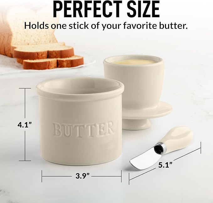 Zulay Kitchen Porcelain Butter Crock With Lid & Knife - Authentic French Butter Dish For Fresh & Spreadable Butter - Ivory