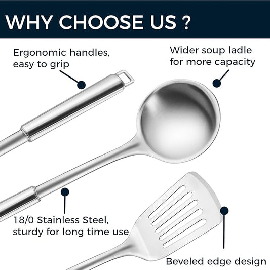 18/0 Stainless Steel Kitchen Cooking Utensil Set, Ergonomic Handle, Dishwasher Safe, Slotted Spoon, Ladle, Turner, Serving Spoon for Housewarming Daily Use Commercial, Pack of 4