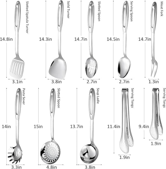 304 Stainless Steel Kitchen Utensils Set, 10 Pcs Stainless Steel Cooking Utensils Set, Heat Resistant Metal Kitchen Tools Spatulas Set, Spatulas, Spoons, Ladle, Meat Fork and Skimmer