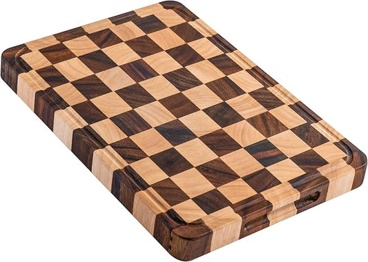 Cutting Boards for Kitchen, Large Acacia Wood Chopping Board, Thick Checkered Cutting Board with Juice Grooves & Handles, Charcuterie Board Butcher Block with Gift Box, 16" x 11" x 1.4"