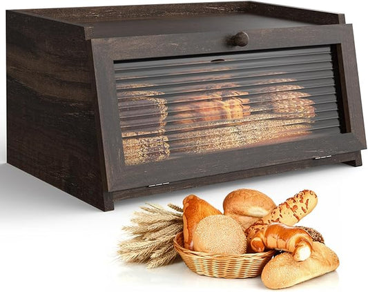 Bread Box for Kitchen Countertop Large Farmhouse Bread Container Bread Storage with Window Wooden Bread Holder