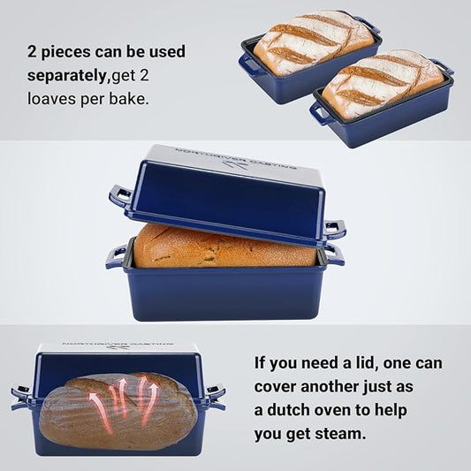 2 in 1 Enameled Cast Iron Bread Pan with Lid, Perfect Bread Oven, Loaf Pans for Baking Homemade Sourdough Bread 9x5, 2 Piece set, Navy Blue