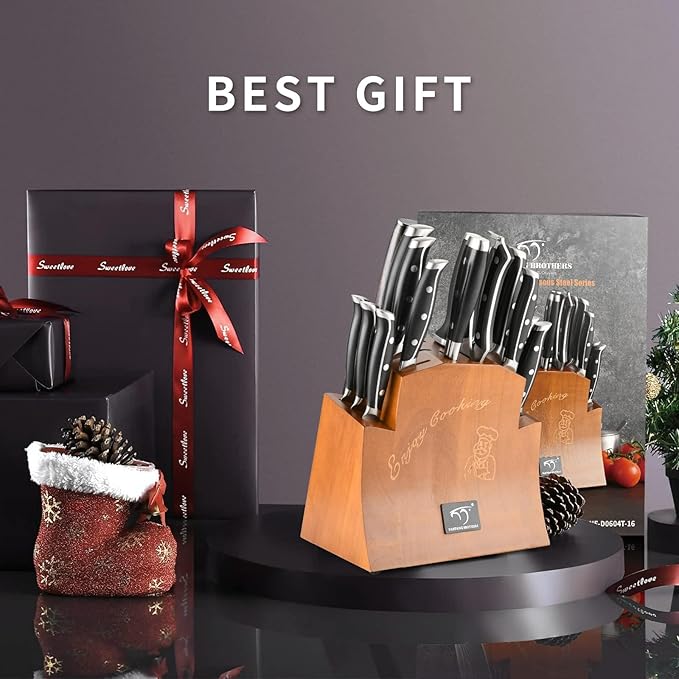 16-Piece Damascus Knife Set with Block - VG10 67-Layer Steel, Razor Sharp, Triple-Rivet Handles, 6 Steak Knives, Meat Fork, Sharpener & Scissors, Natural Wood