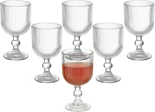Vintage Wine Glasses Set of 6, 11 Ounces Colored Glass Water Goblets, Unique Embossed Pattern High Clear Stemmed Glassware Wedding Party Bar Glass Drinking Cups Fancy Glasses Vertical Line Clear