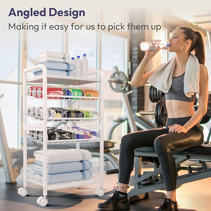 SWTYMIKI Can Organizer for Pantry - Stackable Rolling Snack Cart, Soda Can Organizer, Multi-Functional Shelf with Adjustable Wheels for Kitchen, Office, Living Room, White