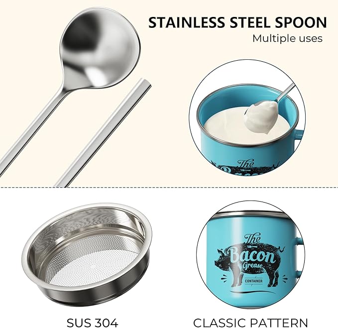 PGYARD Mini Bacon Grease Container With Strainer - 15OZ Enamel Grease Saver, Farmhouse Bacon Grease Keeper For Kitchen Fat Storage, Dishwasher Safe-Light Blue