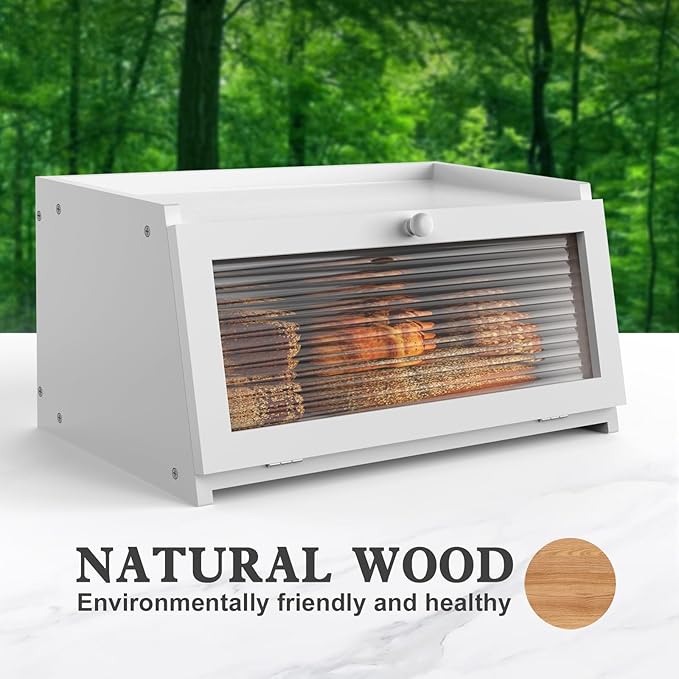Bread Box for Kitchen Countertop Large Farmhouse Bread Container Bread Storage with Window Wooden Bread Holder White