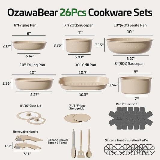 26 Pcs Pots and Pans Set Non Stick, Ceramic Cookware Set Non Toxic with Detachable Handles, Healthy Induction Cookware Oven Safe RV Kitchen Set, PFAS PFOA & PTFE Free, Taupe