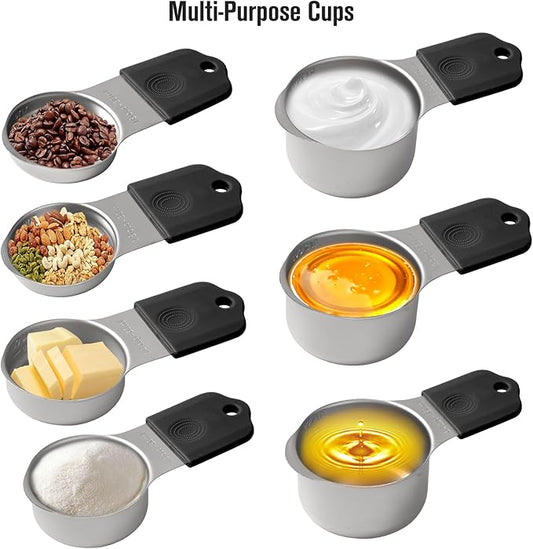 Magnetic Measuring Cups and Magnetic Measuring Spoons Set of 16, Heavy Duty 304 Stainless Steel Cups and Spoons (Black)