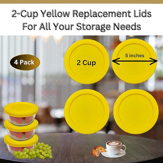 2 Cup/470 mL Yellow Replacement Lids/Covers for Pyrex 7200-PC, 2 Cup/16oz Anchor Hocking & Klare Ware Storage Bowls *Lids Only* - *Glass Container Not Included* (4 Pack, Yellow)