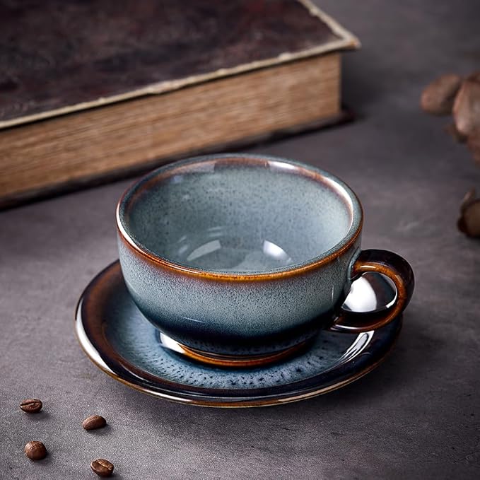 Vintage Design 12 oz Ceramic Latte Art Cappuccino Barista Cup with Saucer (Fog Grey)