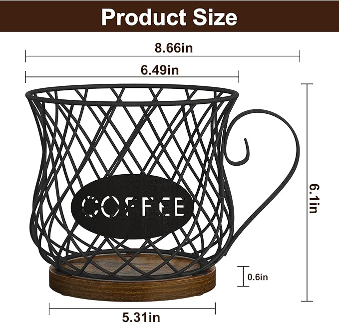 YINMIT K Cup Holder Organizer, Rustic Coffee Pod Holder Organizer, 35 Kcup Holder for Counter with Handle,Large Capacity Black Wire Coffee Capsule Basket for Kitchen Office Desktop (Circular Grid)