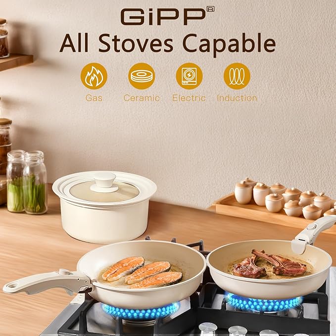 GiPP Ceramic Pots and Pans Set Non Stick, Nonstick Detachable Handle Cookware Sets, Healthy Non Toxic PFAS PFOA & PTFE Free, Dishwasher &Oven Safe, Induction Kitchen Pot and Pan, 15 Piece Cream