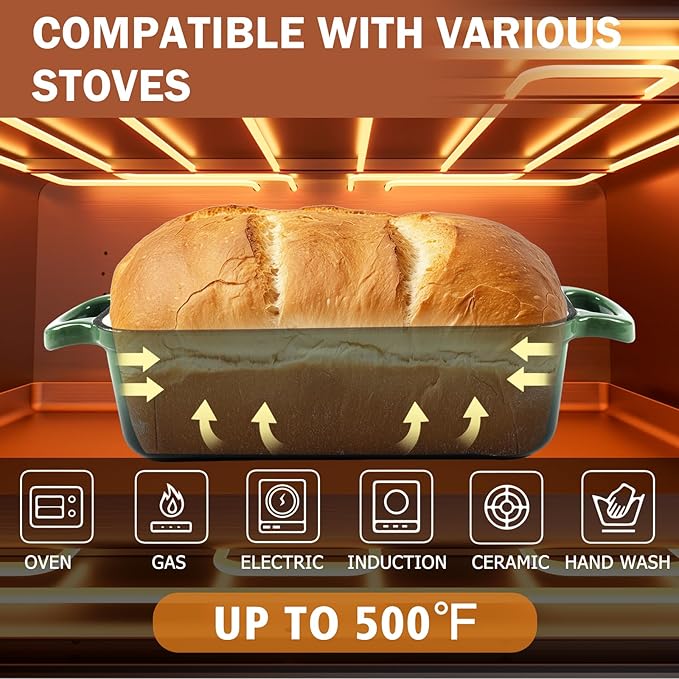 9 x 5 Inch Bread Pan Enameled Cast Iron Loaf Pan with Lid for Baking, 2 in 1 Non-stick Sourdough Bread Loaf Pan for Homemade Bread, Oven & Stovetop Safe for Gas, Electric & Induction, Green