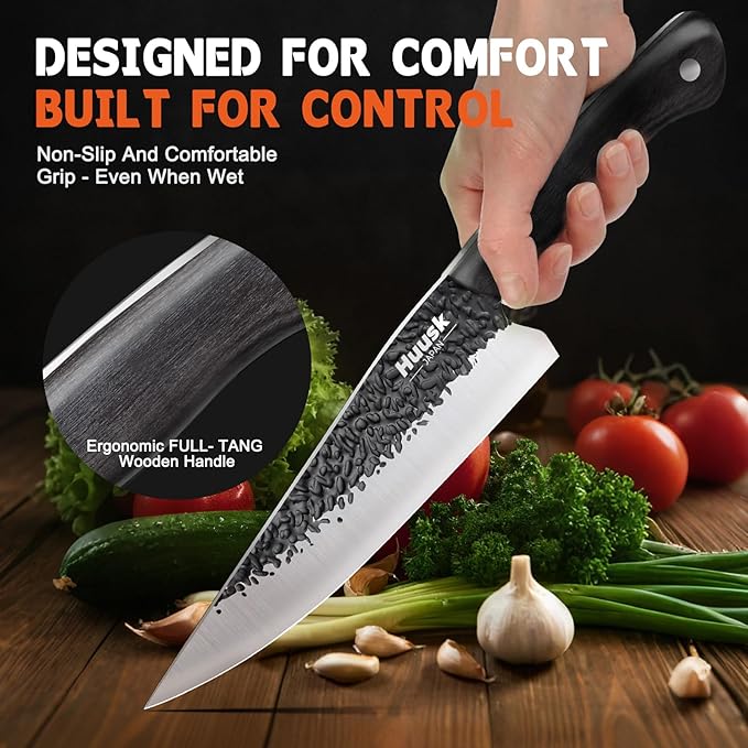 Huusk Japanese Chef Knife Set - Hand Forged Kitchen Knives for Meat Cutting - ATS-34 Carbon Steel Knives Set with Wooden Handle - Viking Cooking Knife Sets for BBQ, Camping - Ideal Gift for Women Men