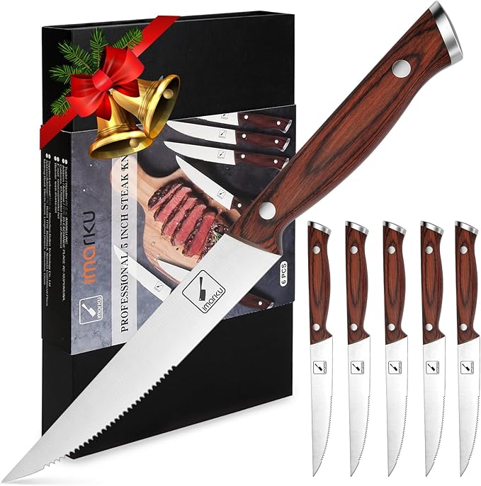 imarku Steak Knives Set of 6, Japanese HC Steel Premium Serrated Steak Knife Set with Ergonomic Handle and Gift Box, Home Essential, Best Birthday Gifts for Women and Men