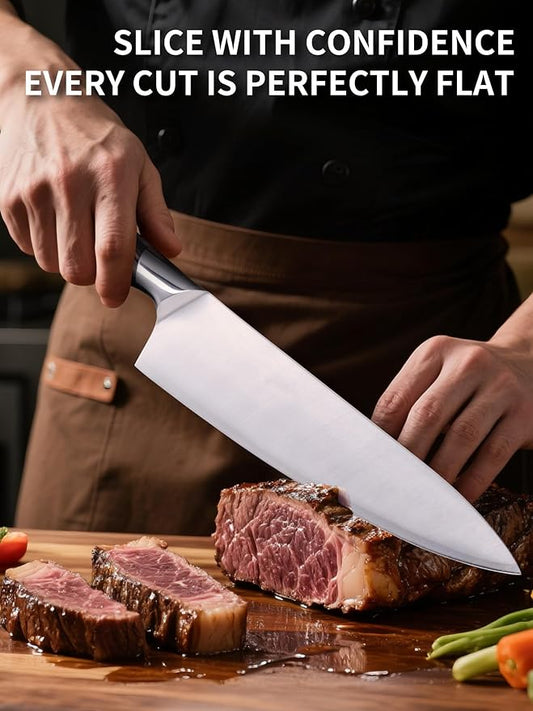LOONG 8 inch Chef Knife, 9Cr18MoV High Carbon Steel Kitchen Knife, Ultra Sharp & Durable, Ergonomic Brown PakkaWood Handle