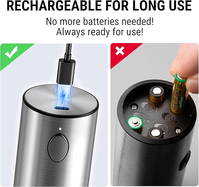 ThermoPro 110ml Electric Salt and Pepper Grinder Set Rechargeable, Automatic Pepper Grinder Shakers with External Adjustment, Refillable Pepper Mill Set with Dust Cover & LED light, Stainless Steel