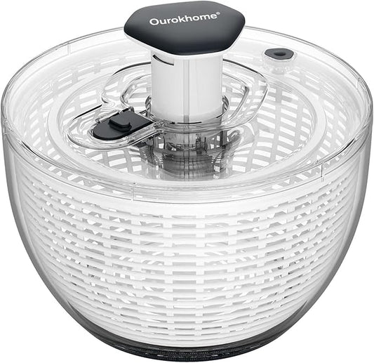 Ourokhome Salad Spinner Lettuce Dryer, One-handed Easy Press Large Vegetable Dryer Salad Mixer with Comfortable and Retractable Pusher and Brake Button for Greens, Herb, Berry, Fruits, 6.3 QT, Black