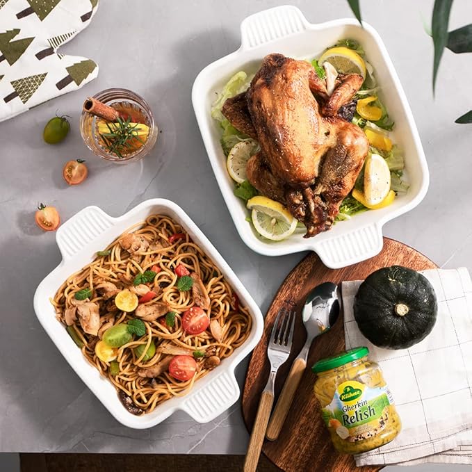 Sweejar Ceramic Baking Dish, 9 x 9 Cake Baking Pan for Brownie, Porcelain Square Bakeware with Double Handle for Casserole, Lasagna, Family Dinner (White)