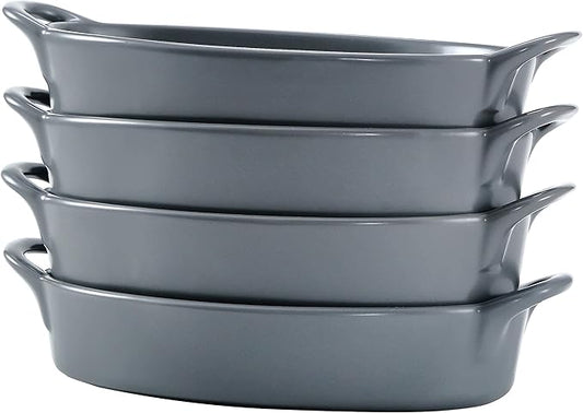 Bruntmor 8" x 5" Oval Porcelain Ceramic Deep Dish Pie Pan Set of 4, Double Handle Au Gratin Baking Dishes, Oven Safe Roasting Lasagna Pan For kitchen- Gray